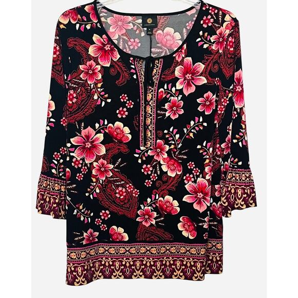 JM COLLECTION LONG BELL SLV PULL-OVER TUNIC BLOUSE, WOMENS-XL-BLACK PINK YELL OR - Picture 1 of 12